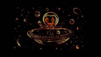 Neon frame effect,Smiling Alien and UFO on black background video