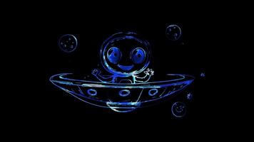 Neon frame effect,Smiling Alien and UFO on black background video