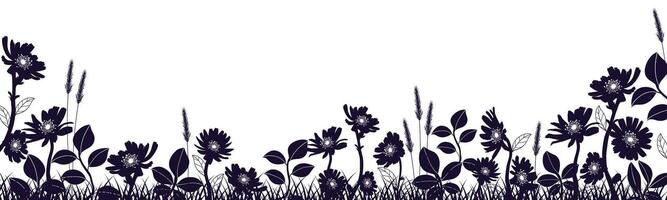 Hand drawn floral banner decorated with wild silhouettes of flowers and leaves. vector