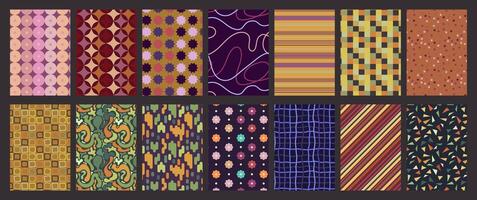 Hand drawn collection of simple funky geometrical patterns with cute elements. Groovy designs with retro vibes. Abstract colorful art for posters, flyers, cards, wallpapers, print. vector