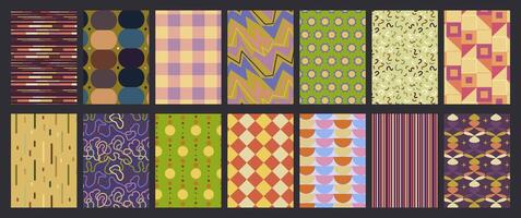 Set of retro geometrical simple and funky patterns with cute elements. Abstract groovy designs with vintage colors. Art perfect for posters, flyers, cards, wallpapers, print. vector