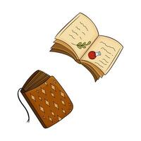 Open old magic book. Brown Book with leather cover, open book with spells and drawing flask and twig. Isolated illustration theme magic, book, alchemy, recipe, ancient literature. vector