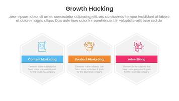 growth hacking infographic 3 point with big hexagon hexagonal horizontal for slide presentation vector