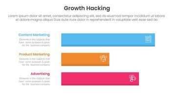 growth hacking infographic 3 point with horizontal long data box for slide presentation vector