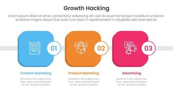 growth hacking infographic 3 point with round square box timeline style for slide presentation vector
