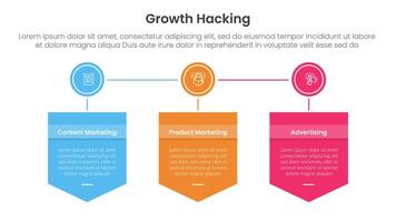 growth hacking infographic 3 point with badge box shield and circle connected for slide presentation vector