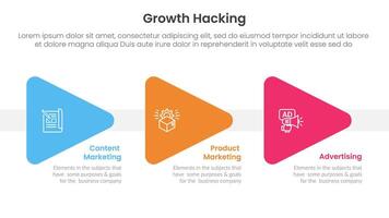growth hacking infographic 3 point with triangle arrow right direction for slide presentation vector