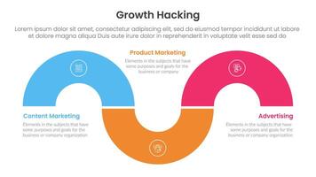 growth hacking infographic 3 point with circular shape half circle up and down for slide presentation vector