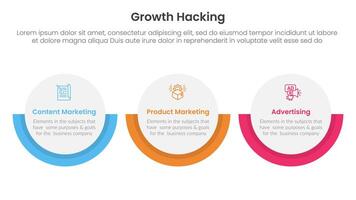 growth hacking infographic 3 point with big circle horizontal layout for slide presentation vector