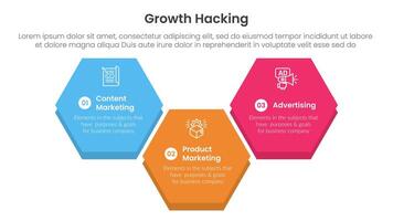 growth hacking infographic 3 point with big hexagonal up and down shape for slide presentation vector