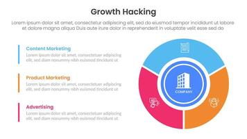 growth hacking infographic 3 point with big circle piechart on right column for slide presentation vector