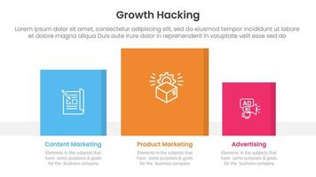 growth hacking infographic 3 point with square chart data box right direction for slide presentation vector