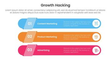 growth hacking infographic 3 point with long round rectangle shape stack for slide presentation vector