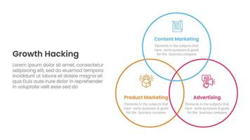growth hacking infographic 3 point with venn big circle outline joined for slide presentation vector