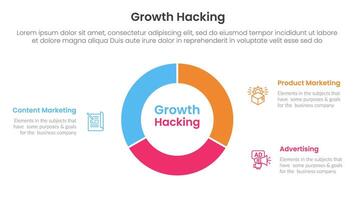 growth hacking infographic 3 point with circle pie chart diagram cutted outline for slide presentation vector