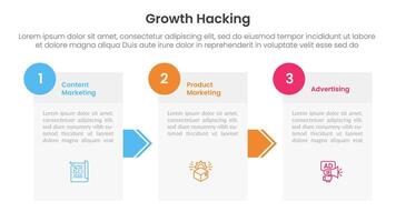 growth hacking infographic 3 point with box information and arrow direction for slide presentation vector