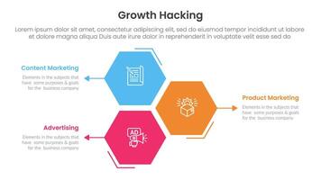 growth hacking infographic 3 point with hexagon or hexagonal shape vertical stack for slide presentation vector