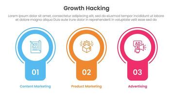 growth hacking infographic 3 point with badge circle banner shape for slide presentation vector