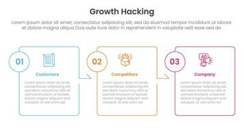 growth hacking infographic 3 point with box outline table arrow right direction for slide presentation vector