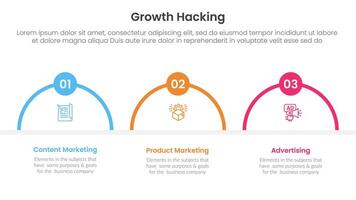 growth hacking infographic 3 point with half circle shape outline for slide presentation vector