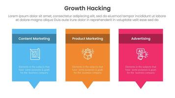 growth hacking infographic 3 point with rectangle box and callout comment dialog on bottom for slide presentation vector