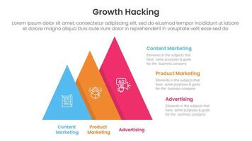 growth hacking infographic 3 point with pyramid shape increase size right direction for slide presentation vector