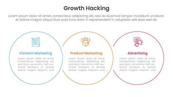 growth hacking infographic 3 point with big circle outline union horizontal for slide presentation vector