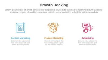 growth hacking infographic 3 point with clean and simple information on horizontal direction for slide presentation vector