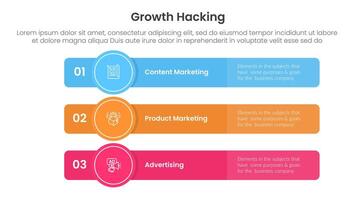 growth hacking infographic 3 point with long rectangle box with circle badge for slide presentation vector