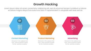 growth hacking infographic 3 point with hexagon or hexagonal shape horizontal for slide presentation vector