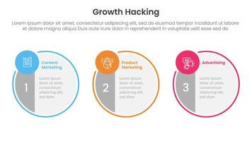 growth hacking infographic 3 point with big circle symmetric and small circle badge on horizontal direction for slide presentation vector