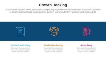 growth hacking infographic 3 point with icon in black horizontal background for slide presentation vector
