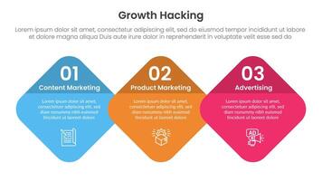 growth hacking infographic 3 point with round diamond on horizontal direction for slide presentation vector