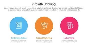 growth hacking infographic 3 point with big circle outline horizontal for slide presentation vector