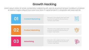 growth hacking infographic 3 point with 3 block row rectangle content stack for slide presentation vector