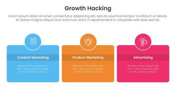 growth hacking infographic 3 point with round box and circle badge on center with horizontal direction for slide presentation vector