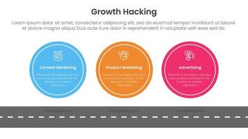 growth hacking infographic 3 point with big circle symmetric horizontal on top of roadway for slide presentation vector