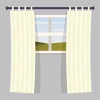A window with curtains and a view of the countryside vector