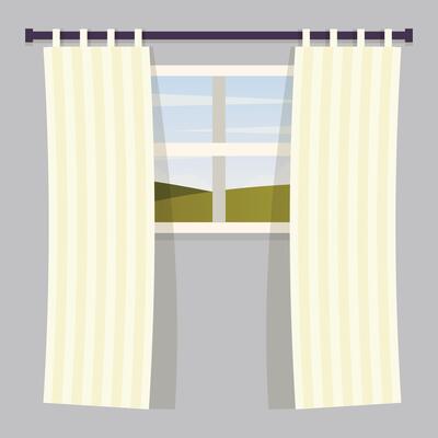 A window with curtains and a view of the countryside