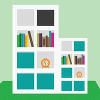 A bookcase with books and an alarm clock vector