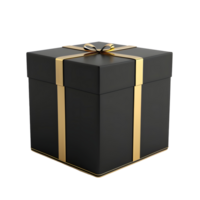 A black gift box with golden ribbon's on transparent background png
