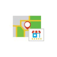 Geofencing Local Search Marketing. Digital marketing based on location, customer ratings and reviews. Local SEO for small businesses. Listings with maps, red pins, star ratings for local nearby place vector