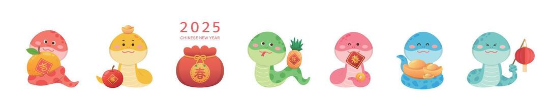 6 cute snake mascots or cartoon characters, playful and cute, elements for Chinese New Year vector