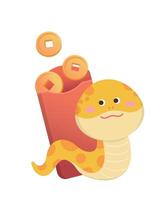 Playful and cute snake character or mascot with red paper bag or money bag, reptile, rich, Chinese new year cartoon character vector