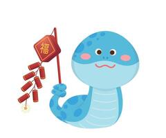 Playful and cute snake character or mascot with firecrackers, reptile, cartoon character for Chinese New Year vector