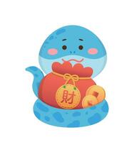 Playful and cute snake character or mascot with money bag with gold coins, reptile, Chinese lunar new year cartoon character vector