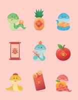 Set of snake characters or cartoon characters with Chinese New Year illustration elements, gold coins and ingots with spring couplets vector