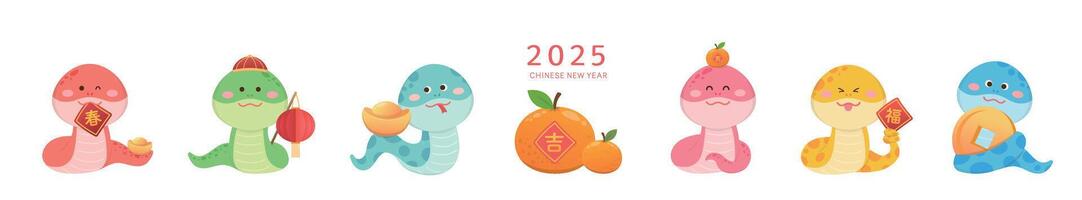 6 cute snake characters or mascots or cartoon characters, playful and cute, elements for Chinese New Year vector
