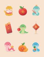 illustration of a set of snake characters or cartoon characters with Chinese New Year or Lantern Festival, lanterns and spring couplets vector