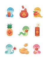 Set of snake characters or cartoon characters with Chinese New Year illustration elements, lanterns and spring couplets vector